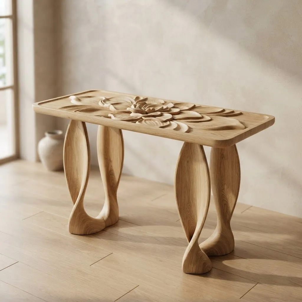 Wooden Gardenia Floral Console Table