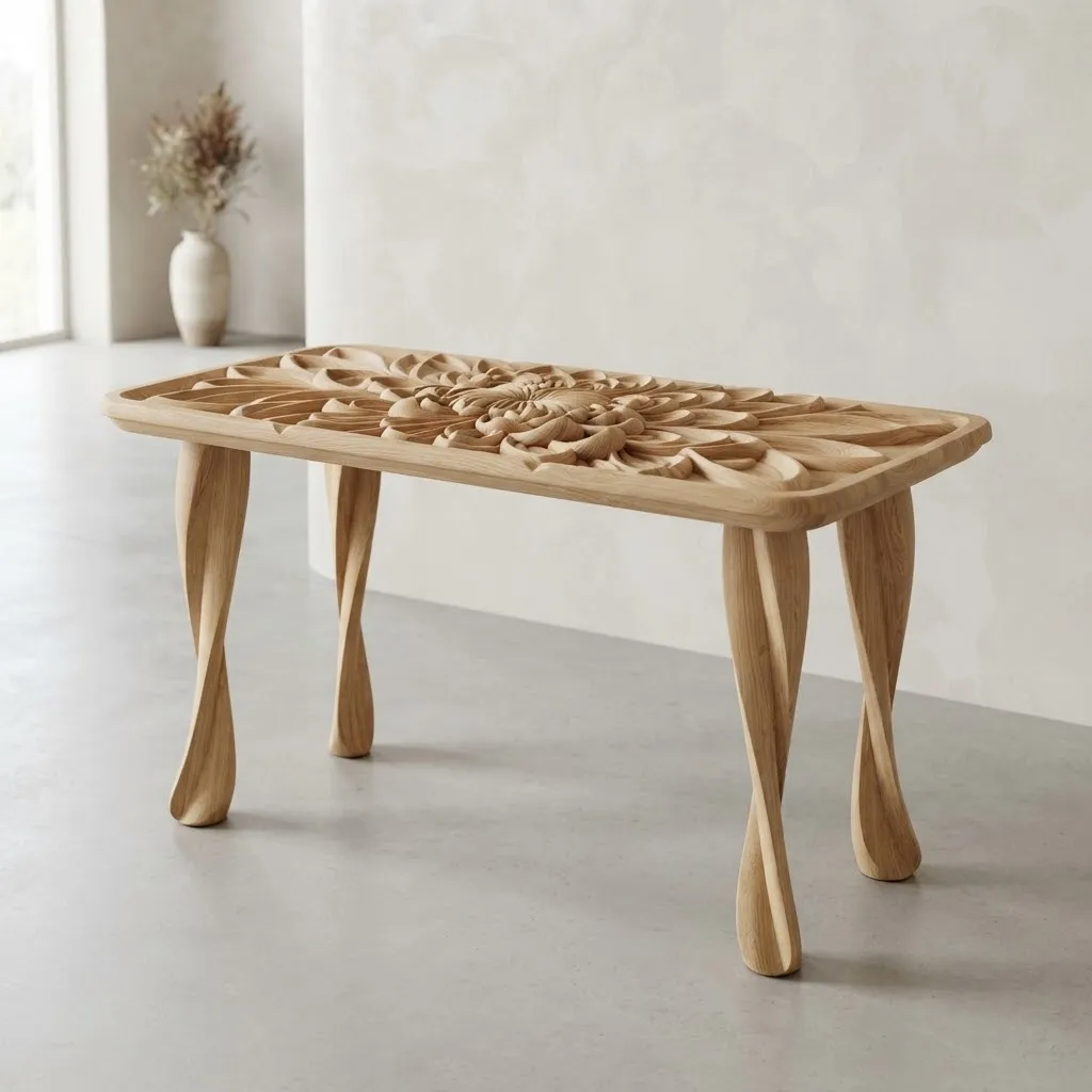 Wooden Chrysanthemum Floral Console Table